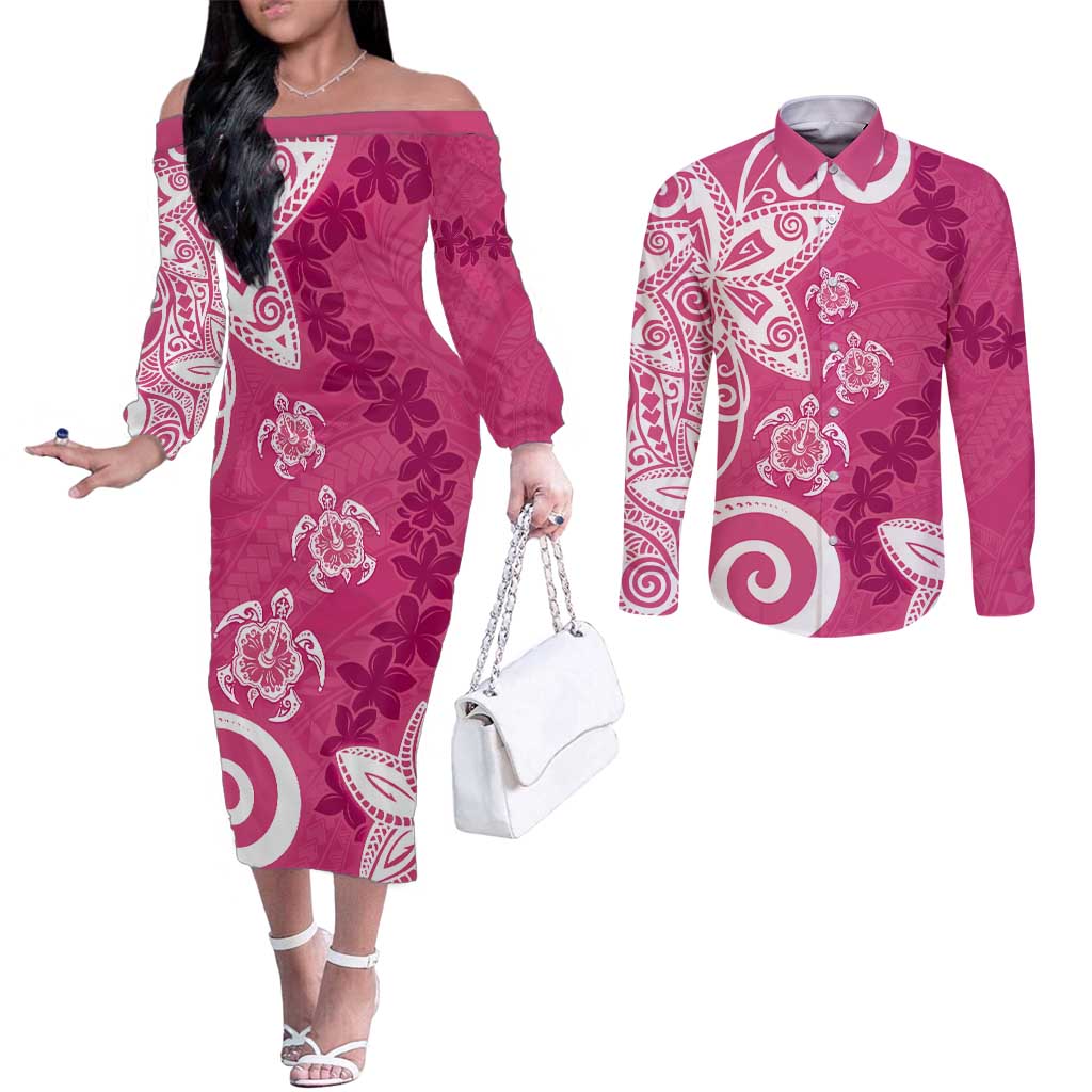 Polynesia Couples Matching Off The Shoulder Long Sleeve Dress and Long Sleeve Button Shirt Pink Tribal Turtle Floral Pattern