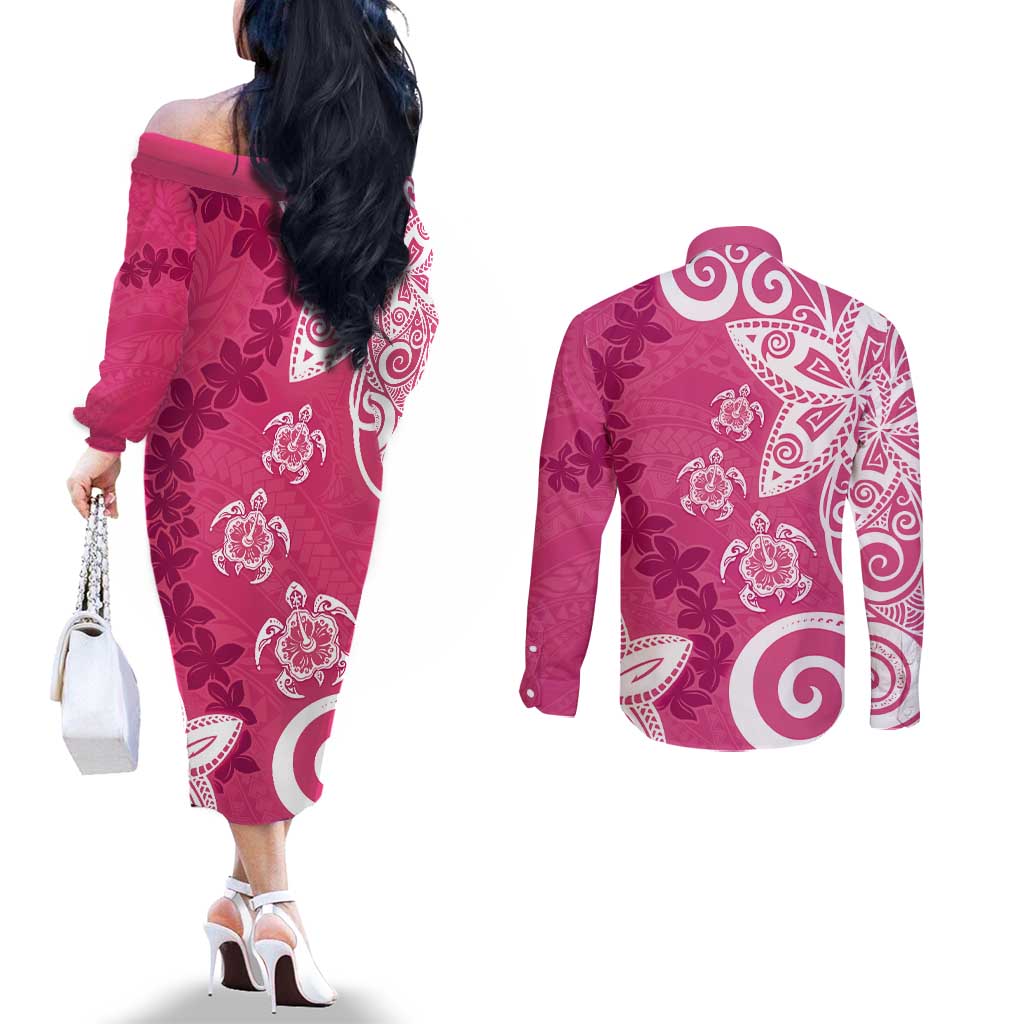Polynesia Couples Matching Off The Shoulder Long Sleeve Dress and Long Sleeve Button Shirt Pink Tribal Turtle Floral Pattern
