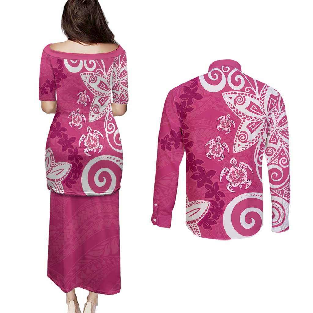 Polynesia Couples Matching Puletasi and Long Sleeve Button Shirt Pink Tribal Turtle Floral Pattern LT05 - Polynesian Pride