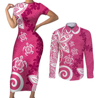 Polynesia Couples Matching Short Sleeve Bodycon Dress and Long Sleeve Button Shirt Pink Tribal Turtle Floral Pattern LT05 Pink - Polynesian Pride