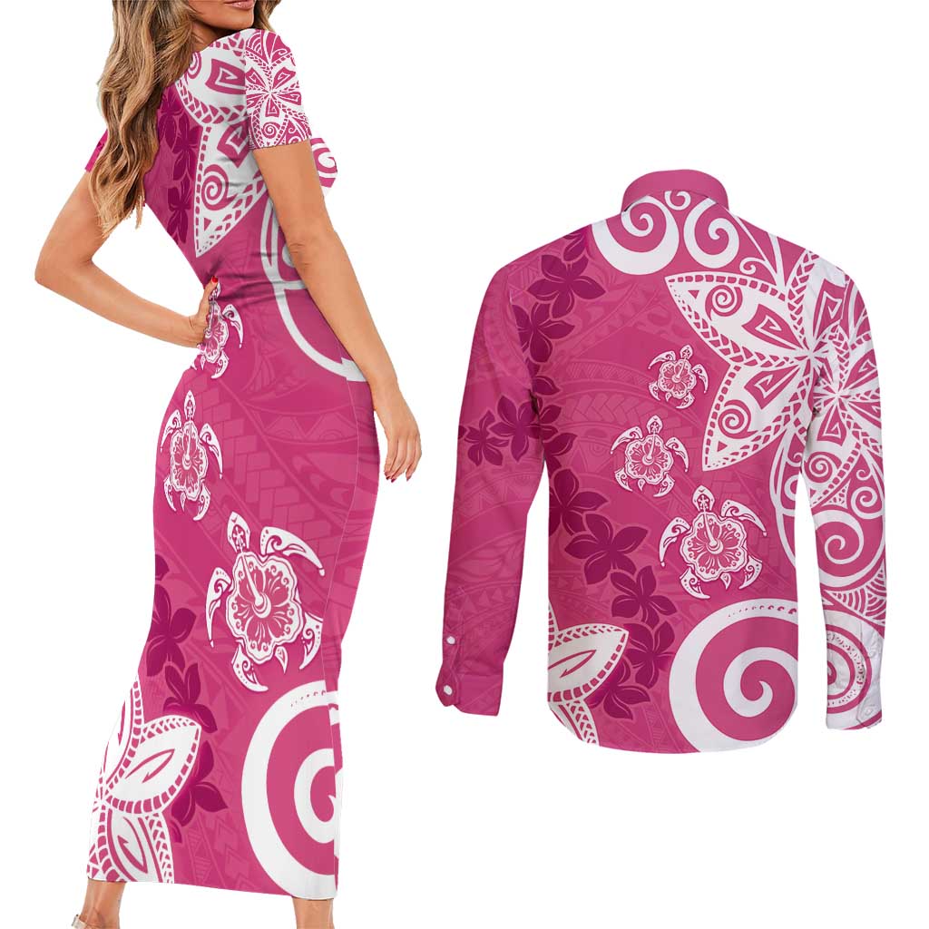Polynesia Couples Matching Short Sleeve Bodycon Dress and Long Sleeve Button Shirt Pink Tribal Turtle Floral Pattern LT05 - Polynesian Pride