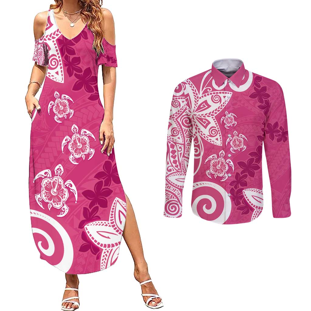 Polynesia Couples Matching Summer Maxi Dress and Long Sleeve Button Shirt Pink Tribal Turtle Floral Pattern LT05 Pink - Polynesian Pride
