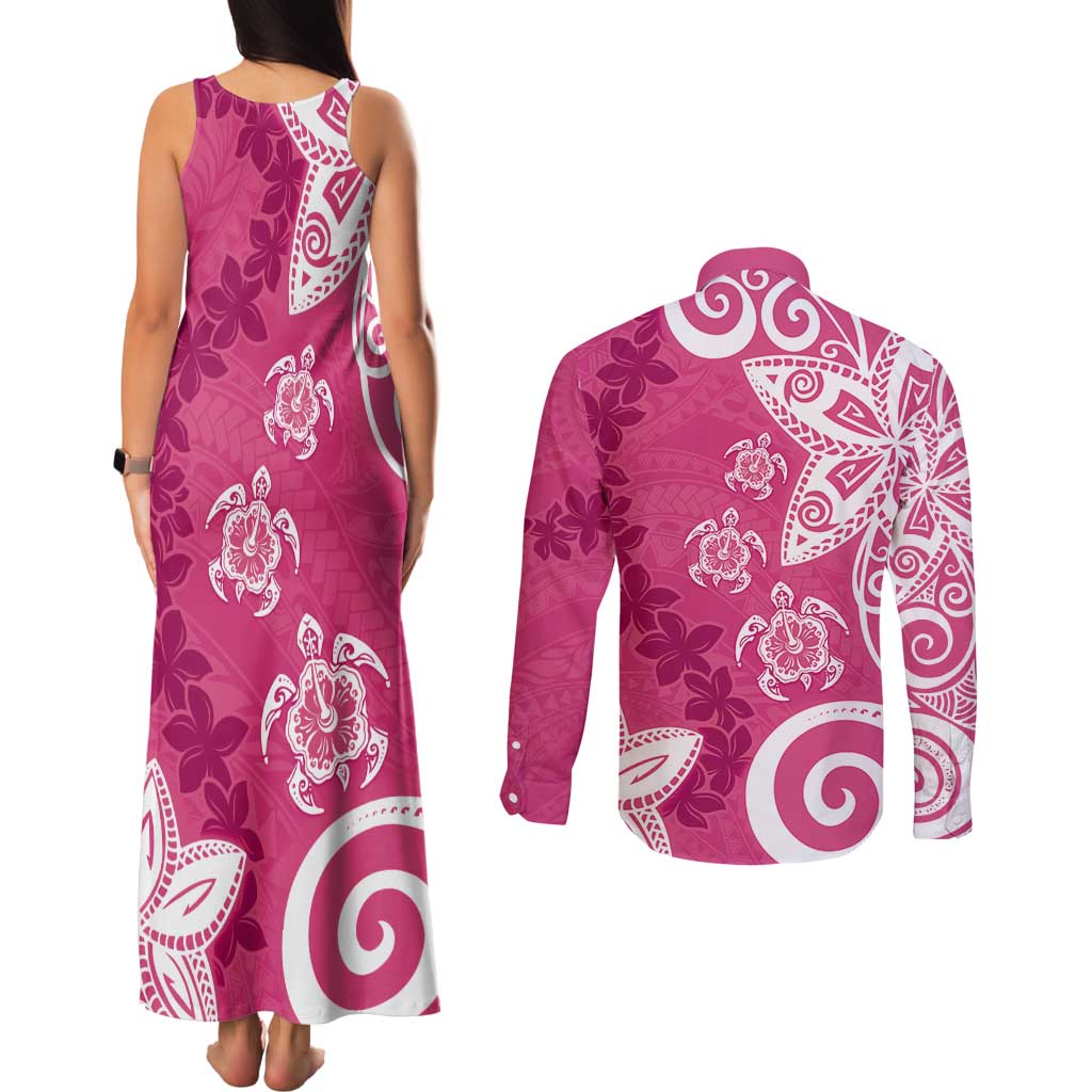 Polynesia Couples Matching Tank Maxi Dress and Long Sleeve Button Shirt Pink Tribal Turtle Floral Pattern LT05 - Polynesian Pride