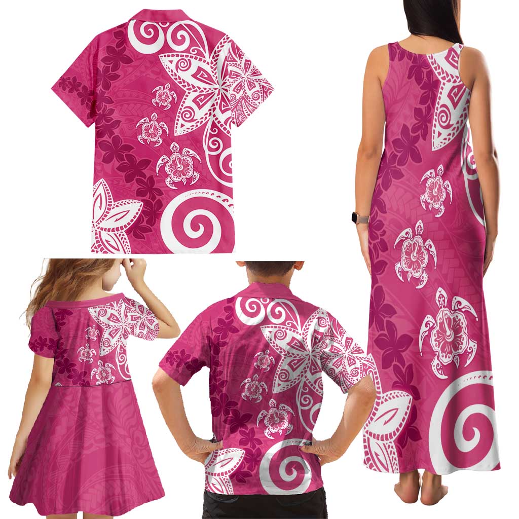 Polynesia Family Matching Tank Maxi Dress and Hawaiian Shirt Pink Tribal Turtle Floral Pattern