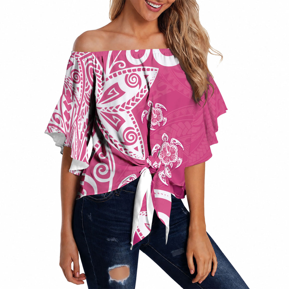 Polynesia Off Shoulder Wrap Waist Top Pink Tribal Turtle Floral Pattern LT05 - Polynesian Pride