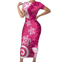 Polynesia Short Sleeve Bodycon Dress Pink Tribal Turtle Floral Pattern LT05 Long Dress Pink - Polynesian Pride