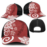 Polynesia Baseball Net Cap Red Tribal Turtle Floral Pattern - Polynesian Pride