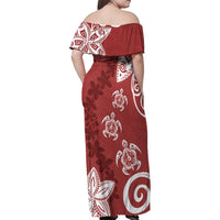 Polynesia Family Matching Off Shoulder Maxi Dress and Hawaiian Shirt Red Tribal Turtle Floral Pattern