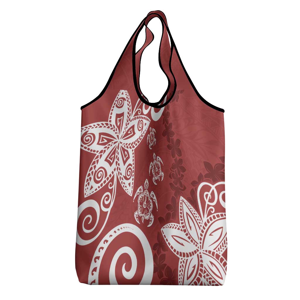 Polynesia Grocery Bag Red Tribal Turtle Floral Pattern