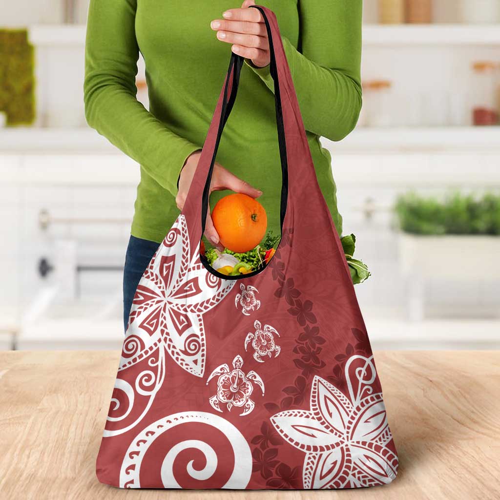 Polynesia Grocery Bag Red Tribal Turtle Floral Pattern
