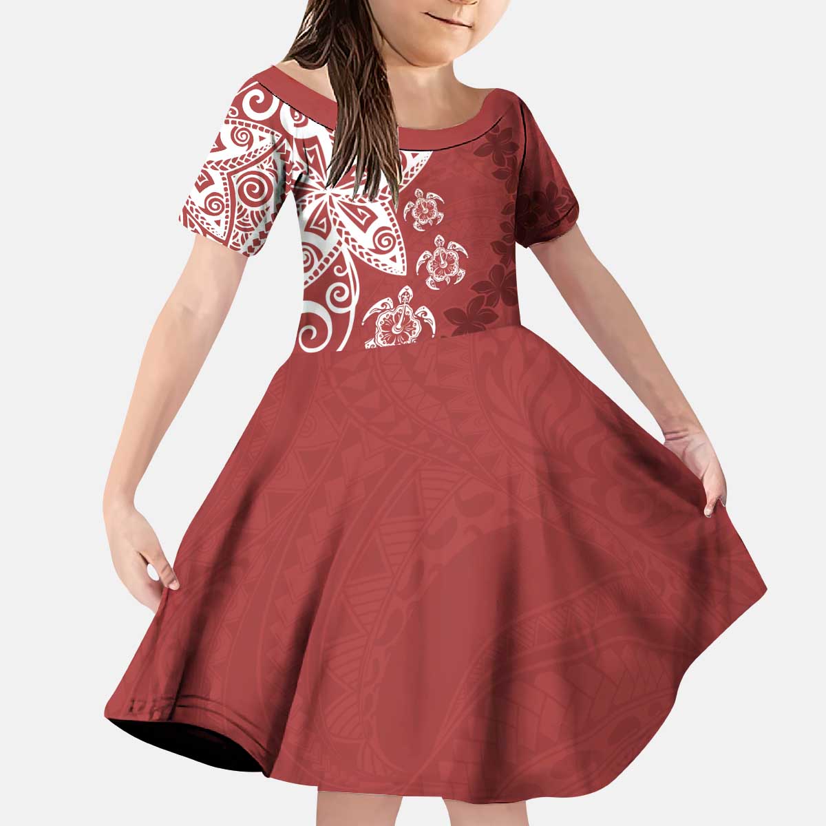 Polynesia Kid Short Sleeve Dress Red Tribal Turtle Floral Pattern LT05 KID Red - Polynesian Pride