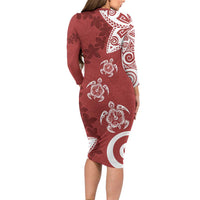 Polynesia Long Sleeve Bodycon Dress Red Tribal Turtle Floral Pattern