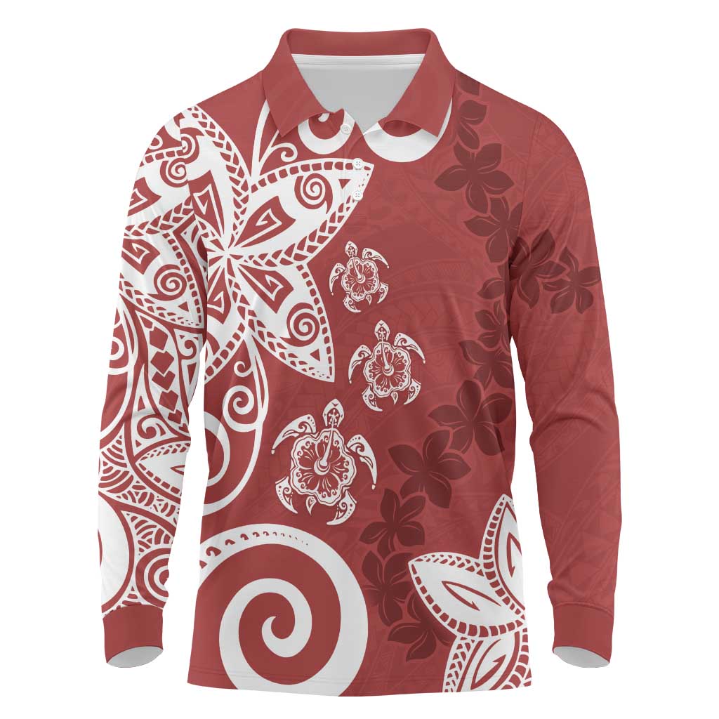 Polynesia Long Sleeve Polo Shirt Red Tribal Turtle Floral Pattern LT05 Red - Polynesian Pride