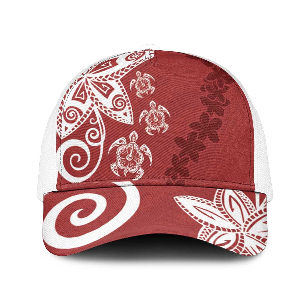 Polynesia Mesh Trucker Cap Red Tribal Turtle Floral Pattern - Polynesian Pride