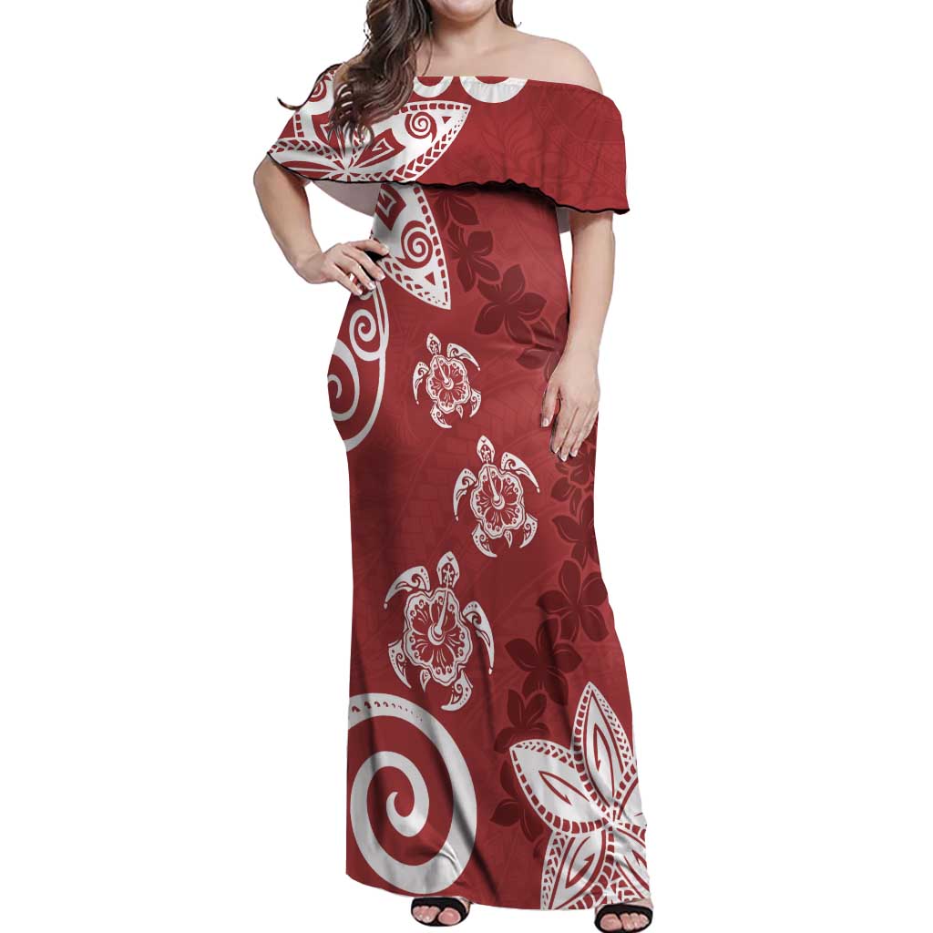 Polynesia Off Shoulder Maxi Dress Red Tribal Turtle Floral Pattern LT05 Women Red - Polynesian Pride