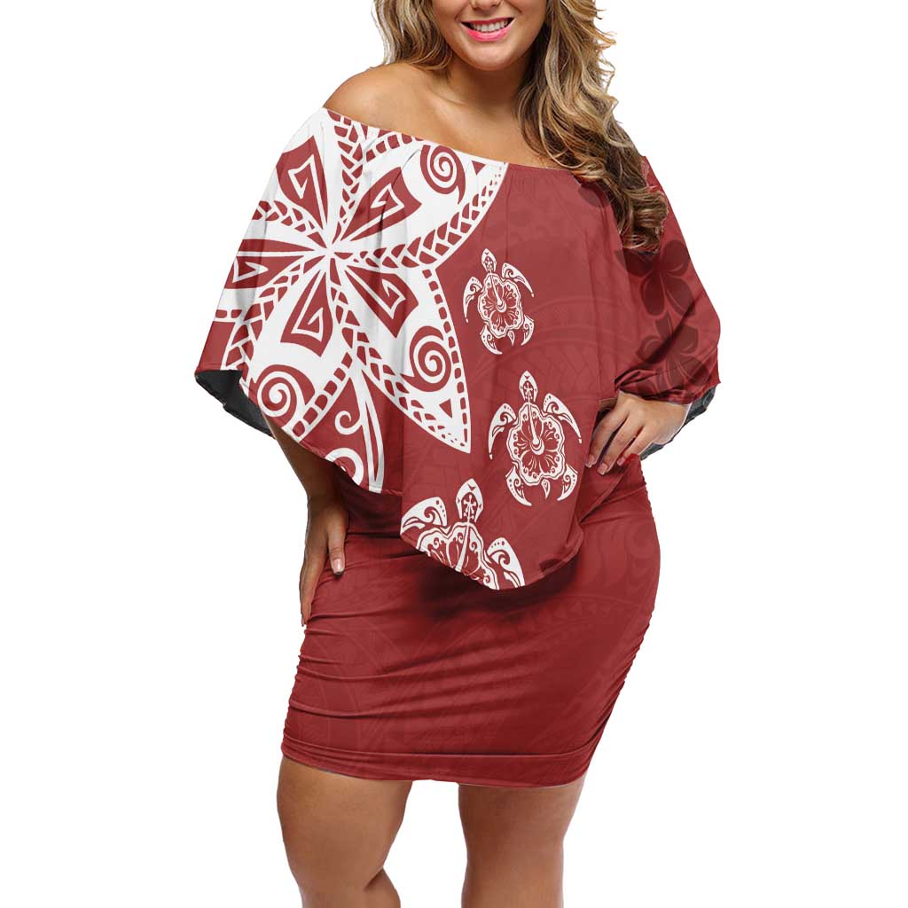 Polynesia Off Shoulder Short Dress Red Tribal Turtle Floral Pattern LT05 Women Red - Polynesian Pride