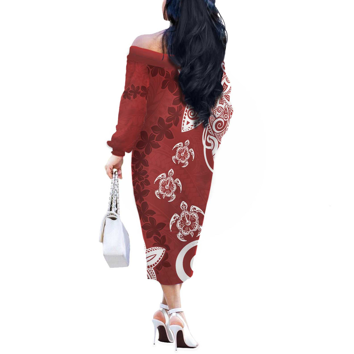 Polynesia Off The Shoulder Long Sleeve Dress Red Tribal Turtle Floral Pattern LT05 - Polynesian Pride
