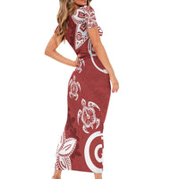 Polynesia Short Sleeve Bodycon Dress Red Tribal Turtle Floral Pattern LT05 - Polynesian Pride