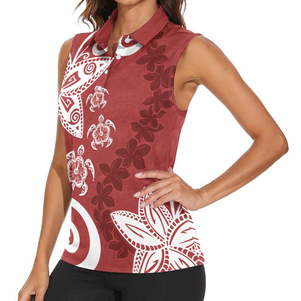 Polynesia Women Sleeveless Polo Shirt Red Tribal Turtle Floral Pattern LT05 - Polynesian Pride