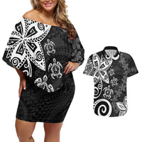 Polynesia Couples Matching Off Shoulder Short Dress and Hawaiian Shirt Black Tribal Turtle Floral Pattern