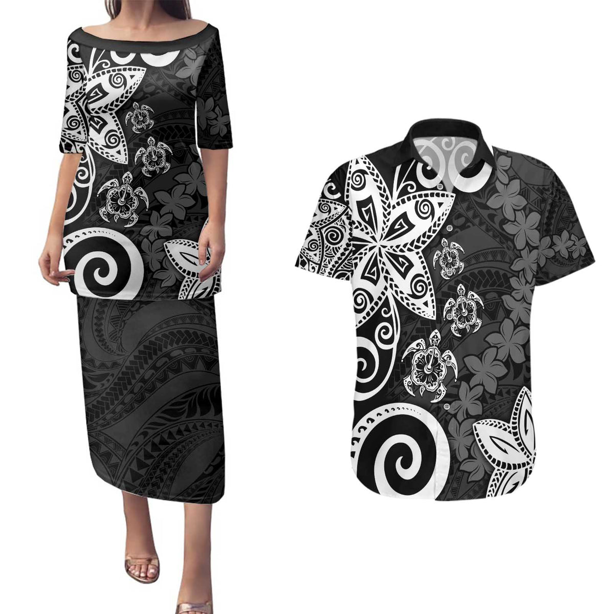 Polynesia Couples Matching Puletasi and Hawaiian Shirt Black Tribal Turtle Floral Pattern
