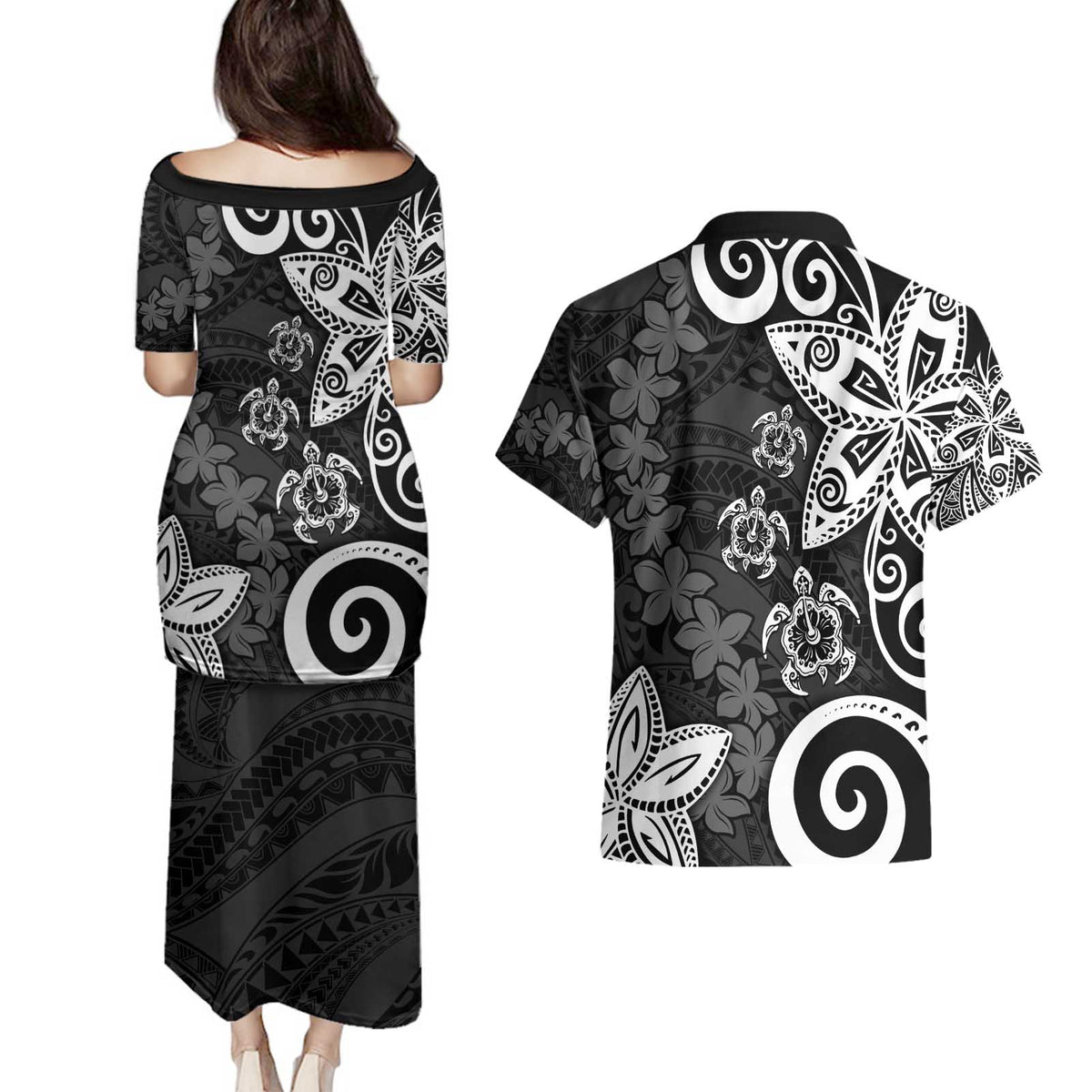 Polynesia Couples Matching Puletasi and Hawaiian Shirt Black Tribal Turtle Floral Pattern