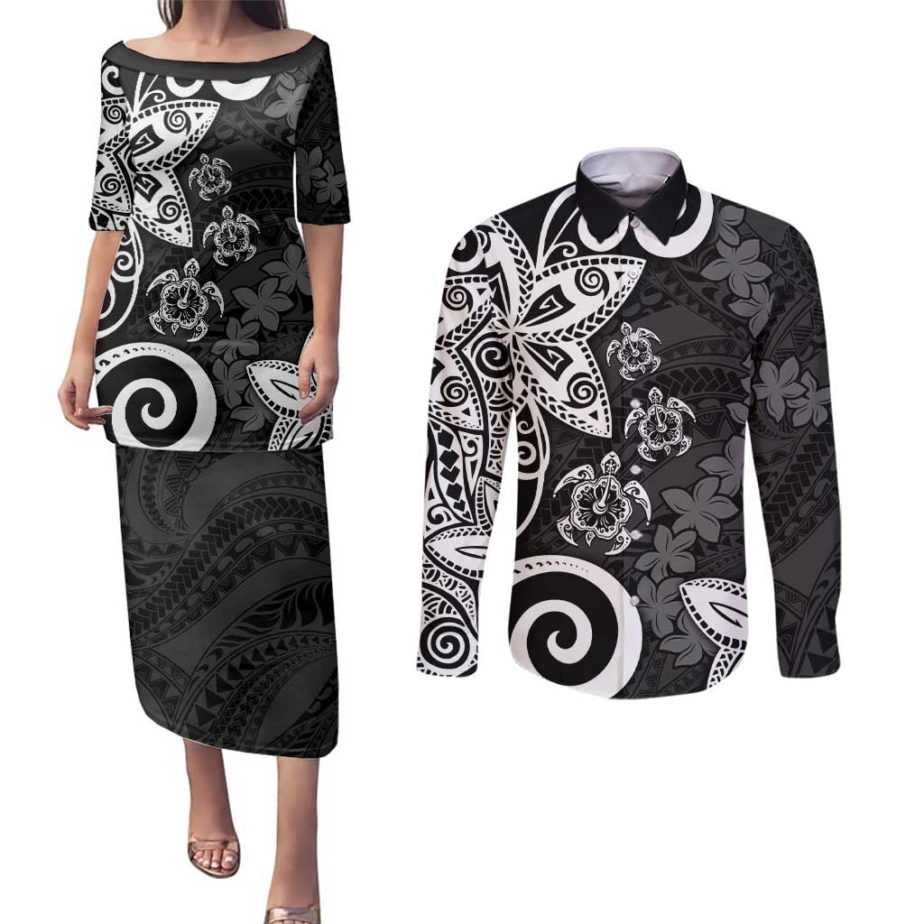 Polynesia Couples Matching Puletasi and Long Sleeve Button Shirt Black Tribal Turtle Floral Pattern
