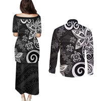 Polynesia Couples Matching Puletasi and Long Sleeve Button Shirt Black Tribal Turtle Floral Pattern