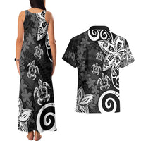 Polynesia Couples Matching Tank Maxi Dress and Hawaiian Shirt Black Tribal Turtle Floral Pattern