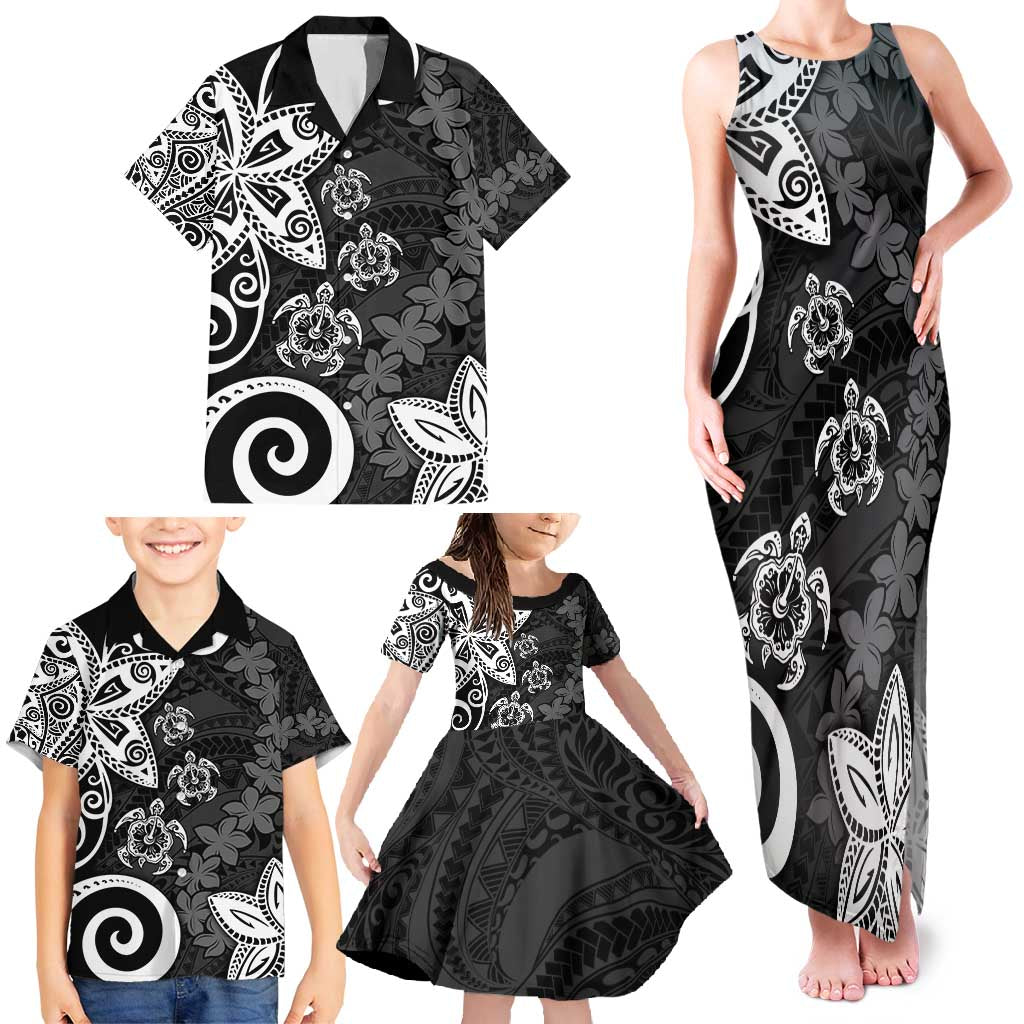 Polynesia Family Matching Tank Maxi Dress and Hawaiian Shirt Black Tribal Turtle Floral Pattern