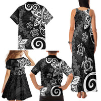 Polynesia Family Matching Tank Maxi Dress and Hawaiian Shirt Black Tribal Turtle Floral Pattern