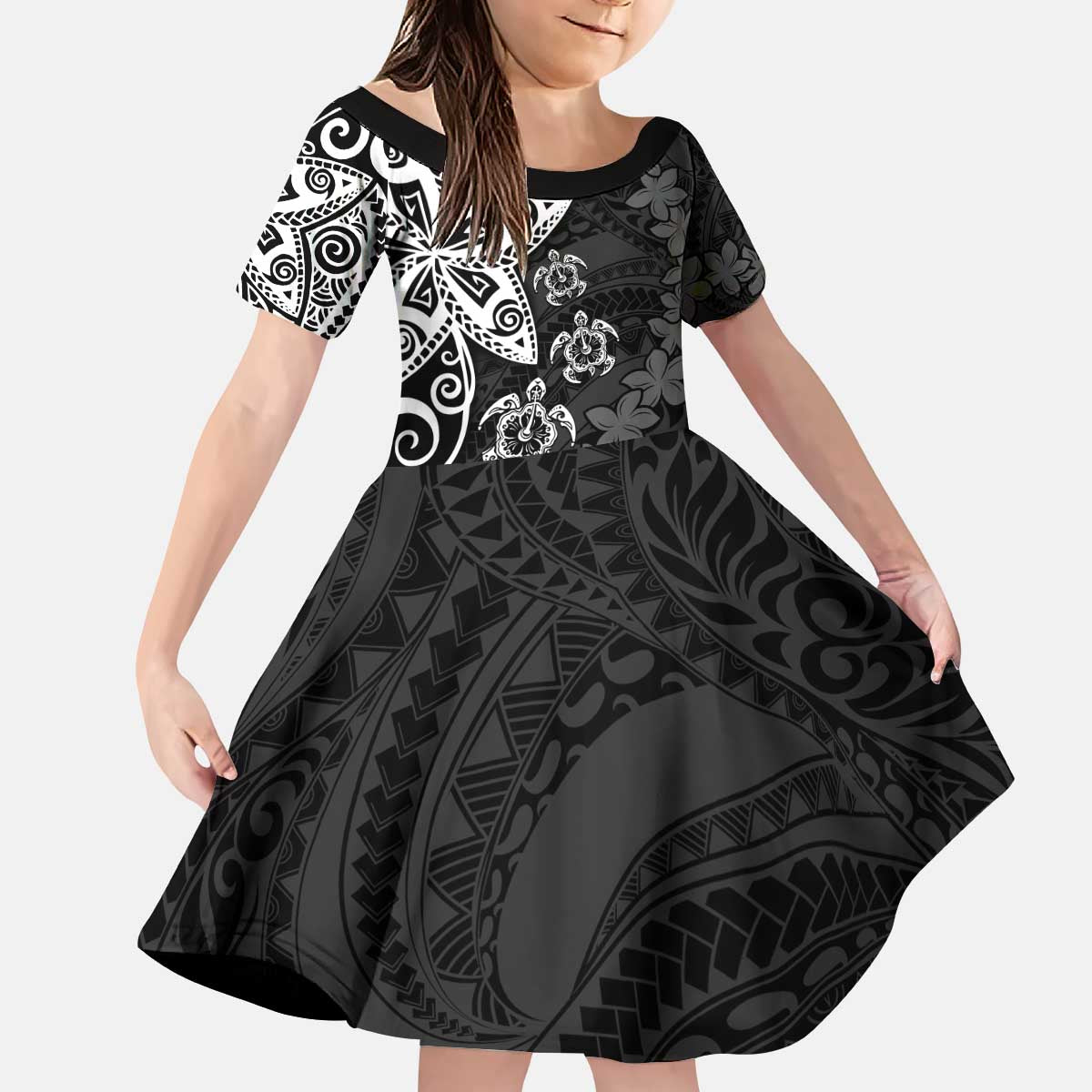 Polynesia Kid Short Sleeve Dress Black Tribal Turtle Floral Pattern LT05 KID Black - Polynesian Pride