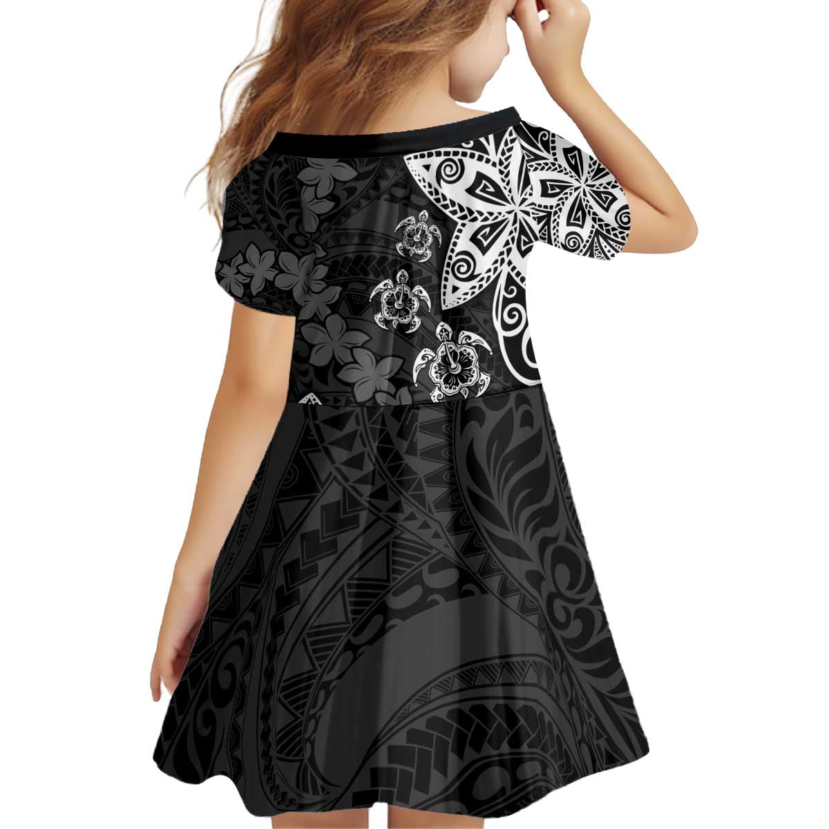 Polynesia Kid Short Sleeve Dress Black Tribal Turtle Floral Pattern LT05 - Polynesian Pride