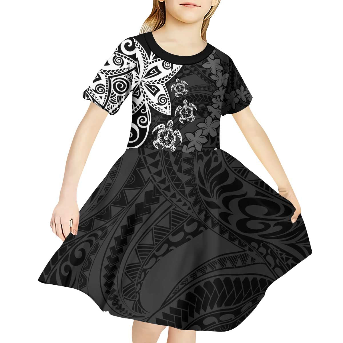 Polynesia Kid Short Sleeve Dress Black Tribal Turtle Floral Pattern LT05 - Polynesian Pride