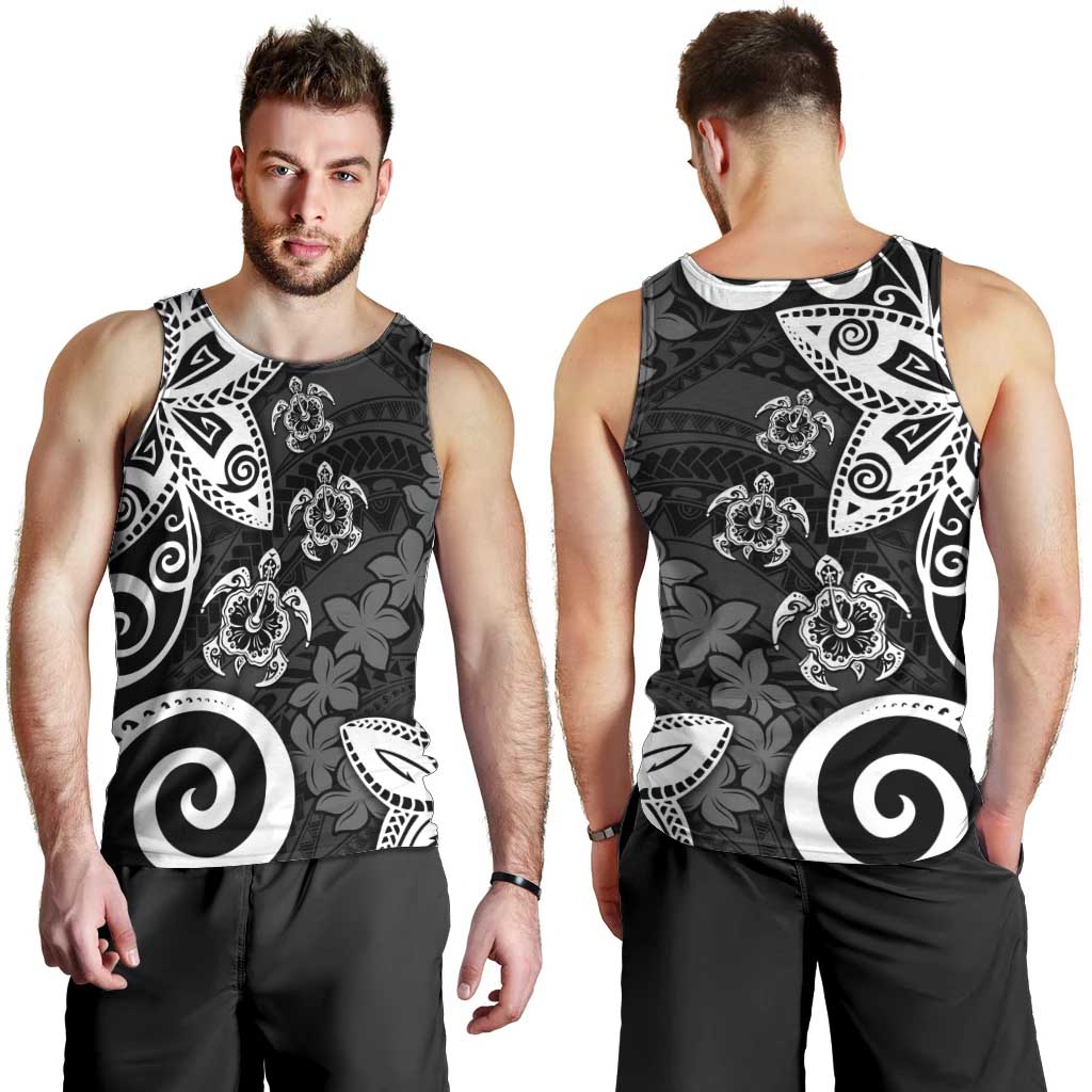 Polynesia Men Tank Top Black Tribal Turtle Floral Pattern