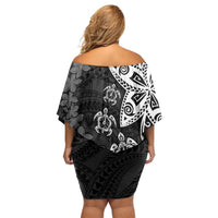 Polynesia Off Shoulder Short Dress Black Tribal Turtle Floral Pattern LT05 - Polynesian Pride