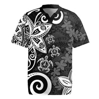 Polynesia Rugby Jersey Black Tribal Turtle Floral Pattern