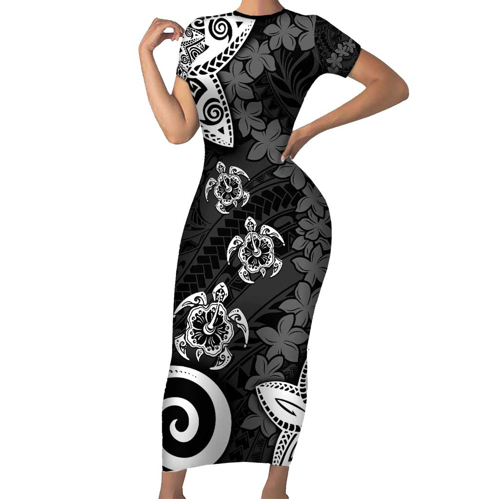 Polynesia Short Sleeve Bodycon Dress Black Tribal Turtle Floral Pattern LT05 Long Dress Black - Polynesian Pride