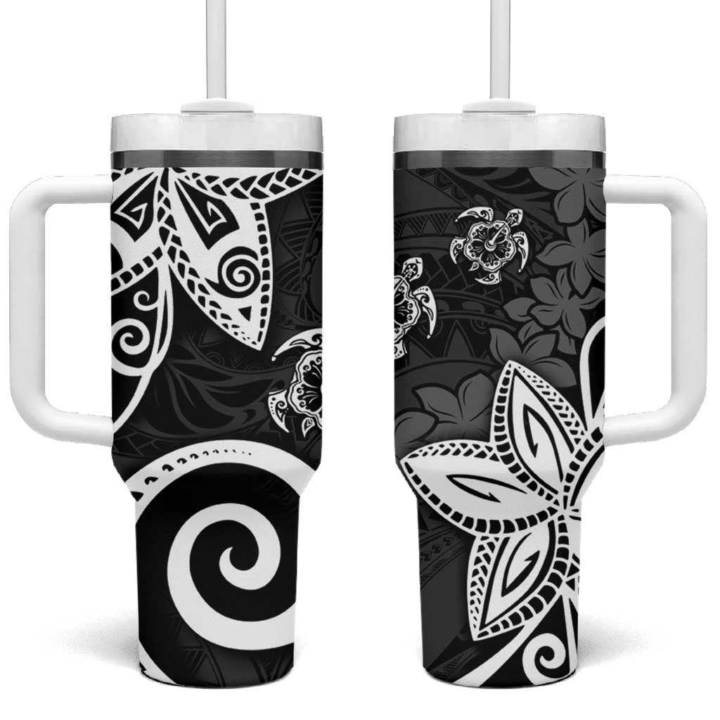 Polynesia Tumbler With Handle Black Tribal Turtle Floral Pattern