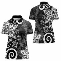 Polynesia Women Polo Shirt Black Tribal Turtle Floral Pattern