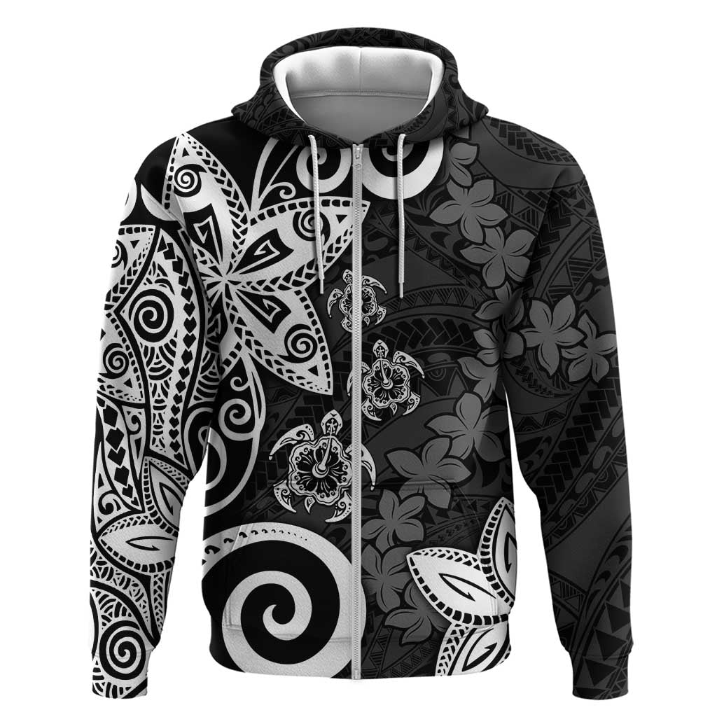 Polynesia Zip Hoodie Black Tribal Turtle Floral Pattern
