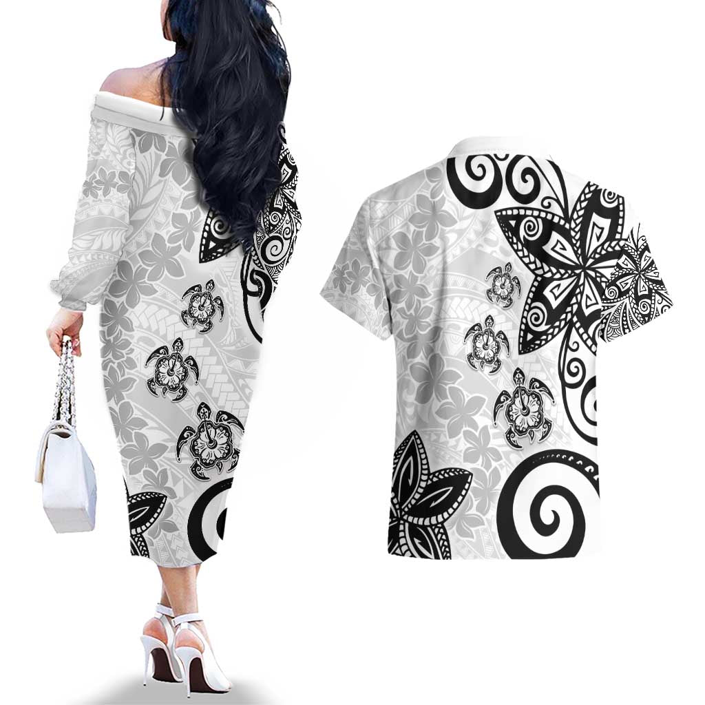 Polynesia Couples Matching Off The Shoulder Long Sleeve Dress and Hawaiian Shirt White Tribal Turtle Floral Pattern
