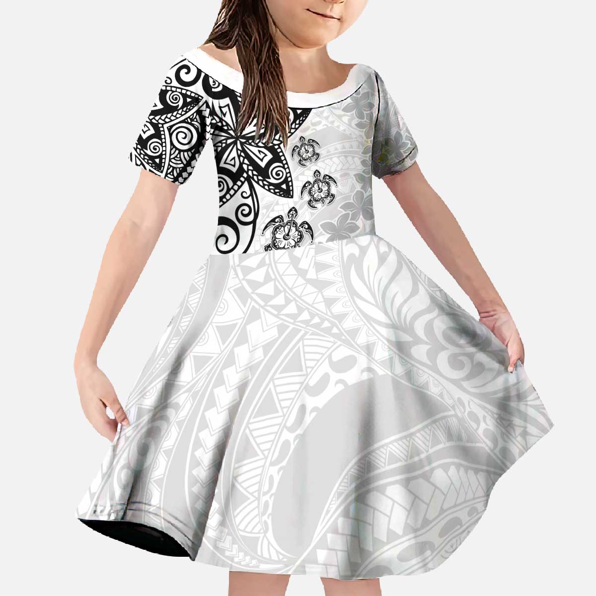 Polynesia Family Matching Off The Shoulder Long Sleeve Dress and Hawaiian Shirt White Tribal Turtle Floral Pattern