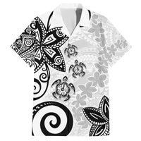 Polynesia Family Matching Off The Shoulder Long Sleeve Dress and Hawaiian Shirt White Tribal Turtle Floral Pattern