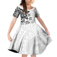 Polynesia Family Matching Off Shoulder Short Dress and Hawaiian Shirt White Tribal Turtle Floral Pattern