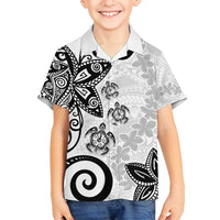 Polynesia Family Matching Off Shoulder Short Dress and Hawaiian Shirt White Tribal Turtle Floral Pattern