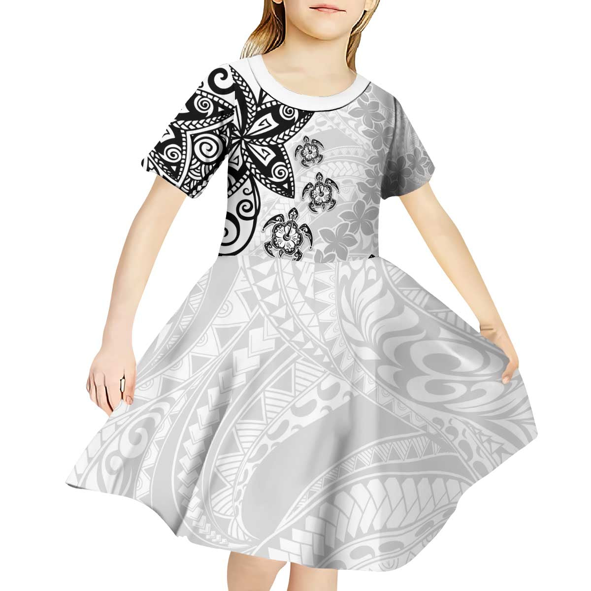 Polynesia Kid Short Sleeve Dress White Tribal Turtle Floral Pattern LT05 - Polynesian Pride