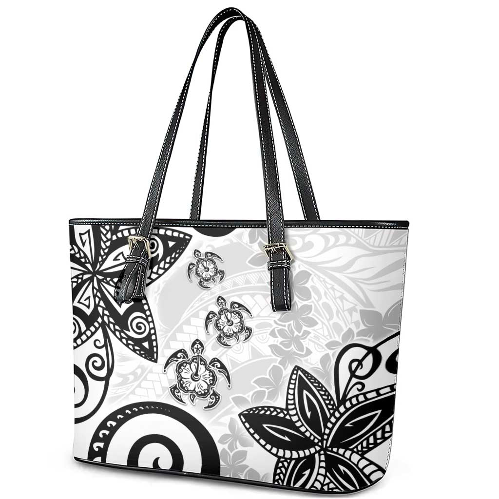 Polynesia Leather Tote Bag White Tribal Turtle Floral Pattern