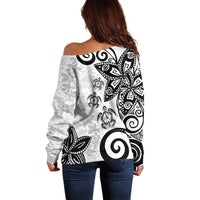 Polynesia Off Shoulder Sweater White Tribal Turtle Floral Pattern