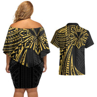 Hawaii And Philippines Couples Matching Off Shoulder Short Dress and Hawaiian Shirt Kanaka Maoli With Tribal Sun Together Gold